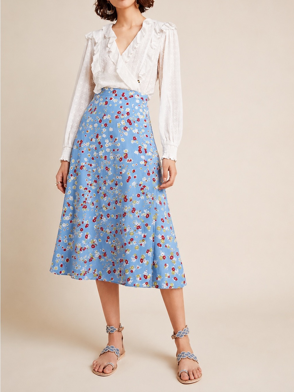 Faithfull the Brand Racquel Jasmin Floral Print Blue Faux Wrap Midi Skirt Sz XS
